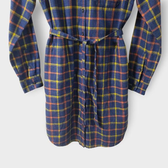 Toad&CO Re-Form Flannel Shirtdress Navy Blue Plaid Button Front Sz Small Casual - Picture 3 of 13